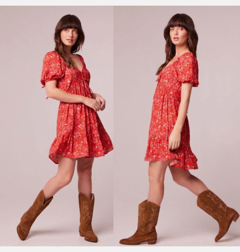 Band of the Free Women's Red Floral Puff Sleeve Boho Mini Dress S - Picture 2 of 9